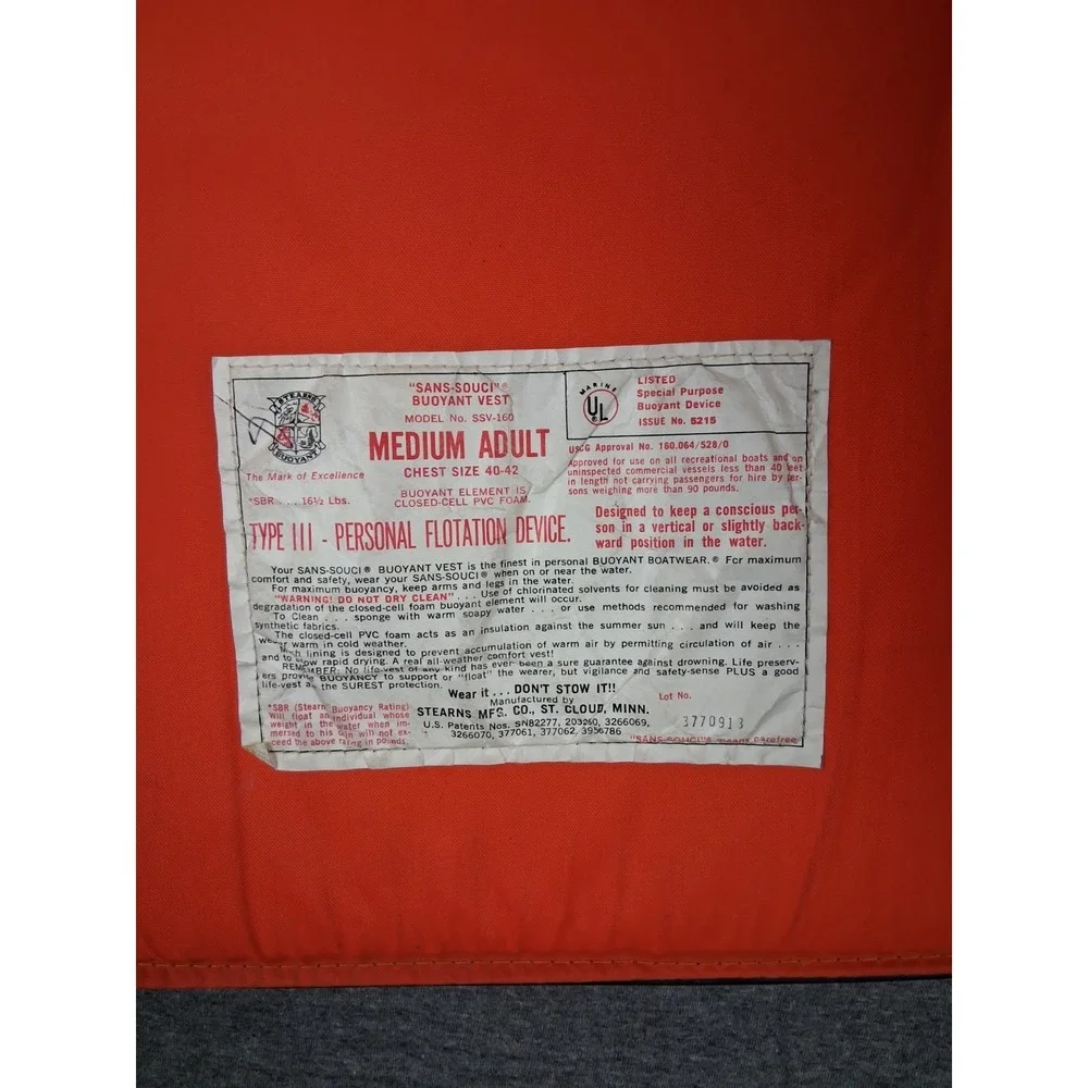Vtg Stearns Adult Life Jacket M Orange Type III Flotation Device 90s Boating